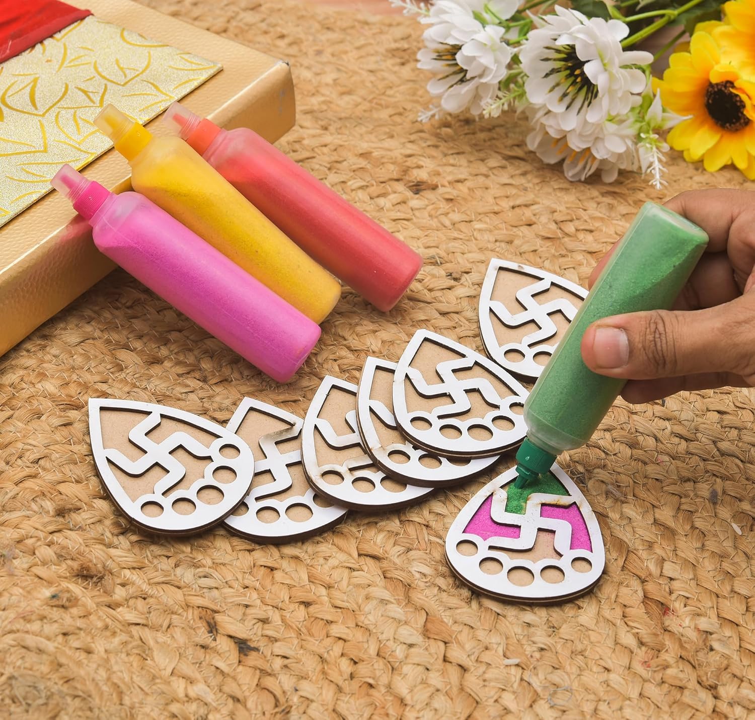 Pack of 12 Wooden Diwali Craft Cutouts – 2.7mm Pine MDF Swastik, Lotus, Feet & Diya Shapes for DIY Painting, Home Temple Wall Hanging, Festive Wedding Decoration & Rangoli Borders (3x3 Inch)